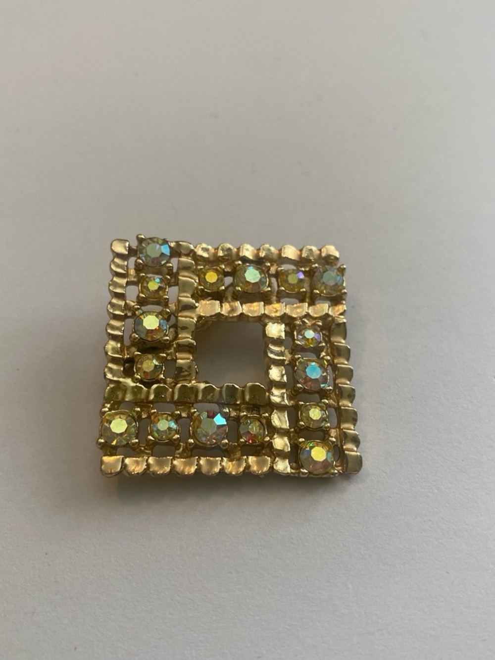 Gold-Tone Square Crystal Brooch with Aurora Borealis Stones